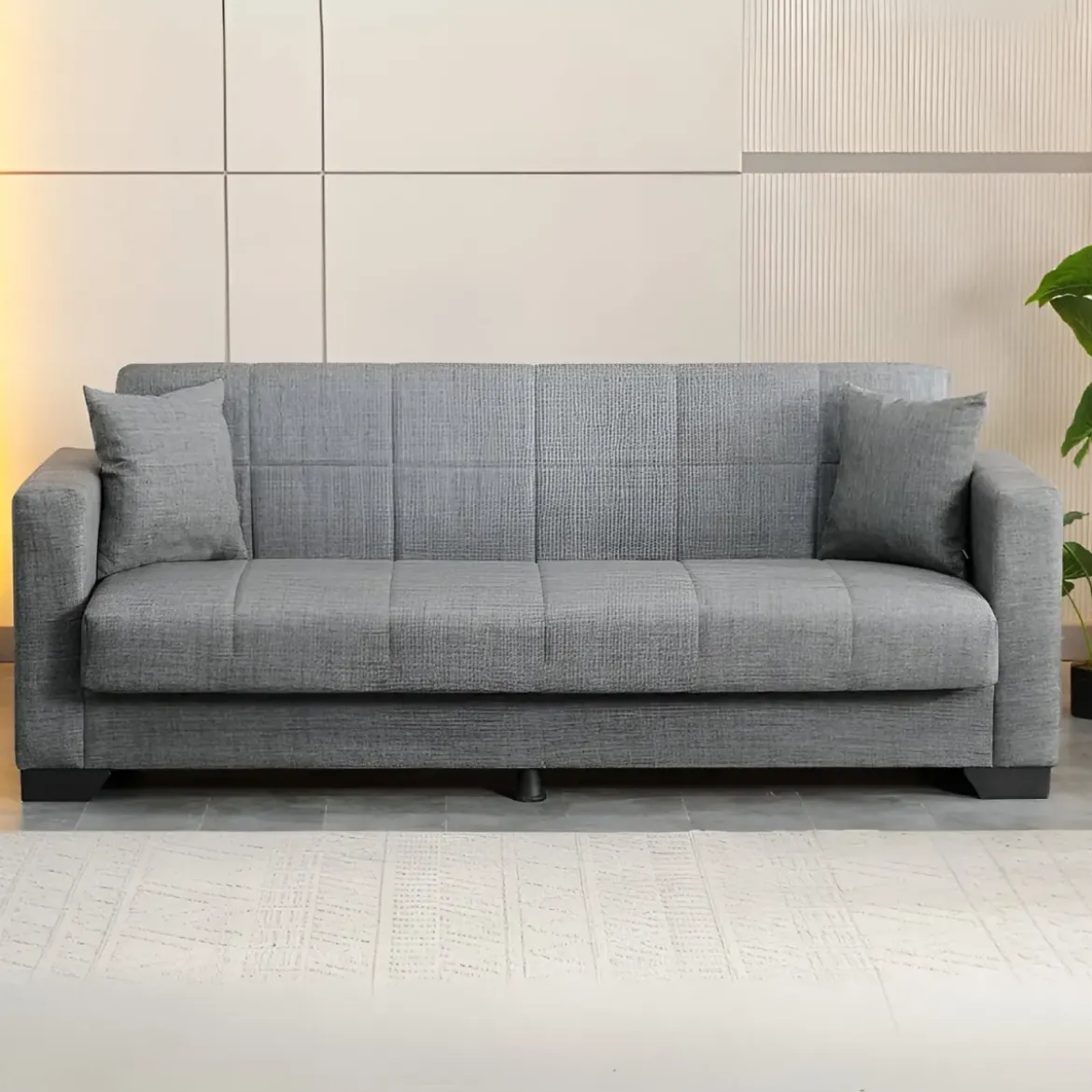 Divano Letto 3 Posti in Tessuto Grigio con Contenitore 213x81x83 cm
