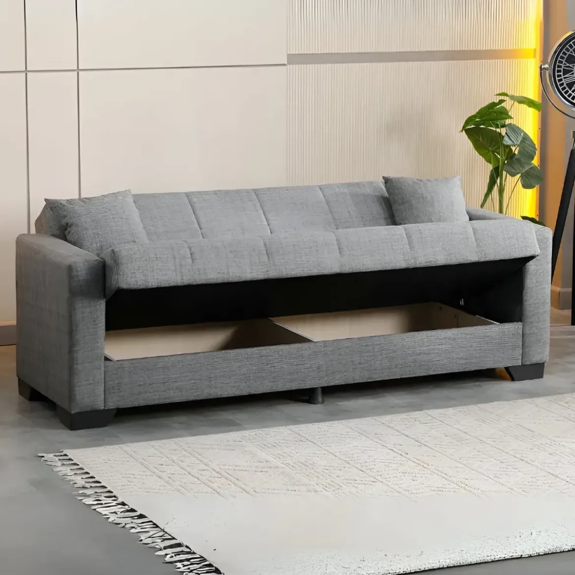 Divano Letto 3 Posti in Tessuto Grigio con Contenitore 213x81x83 cm