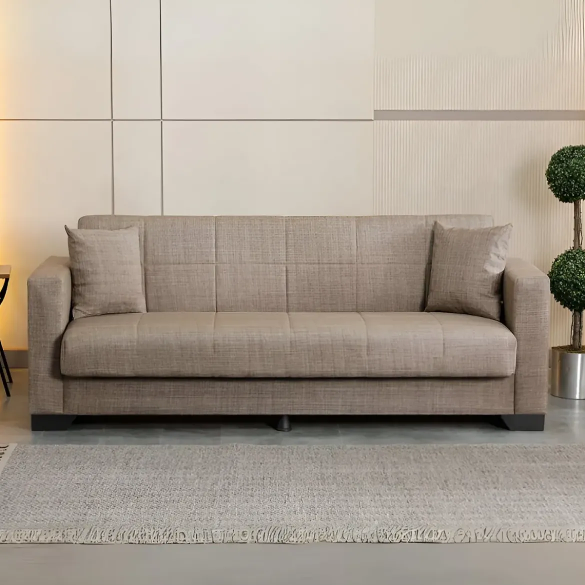 Divano Letto 3 Posti in Tessuto Cammello con Contenitore 213x81x83 cm