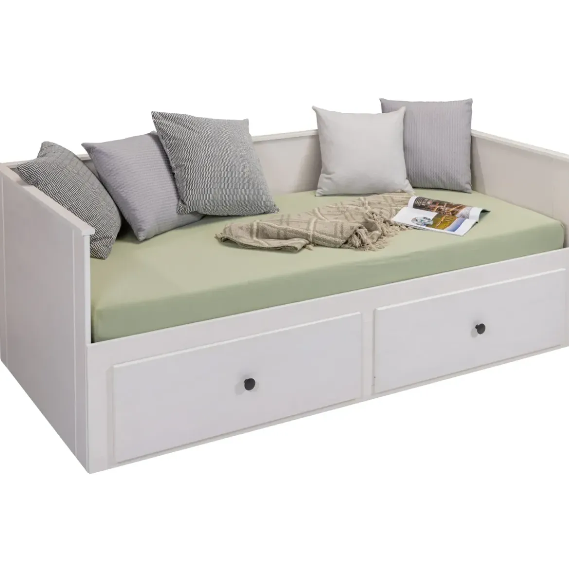 Divano Letto Singolo 90x200 cm in Legno Bianco con 2 Cassetti