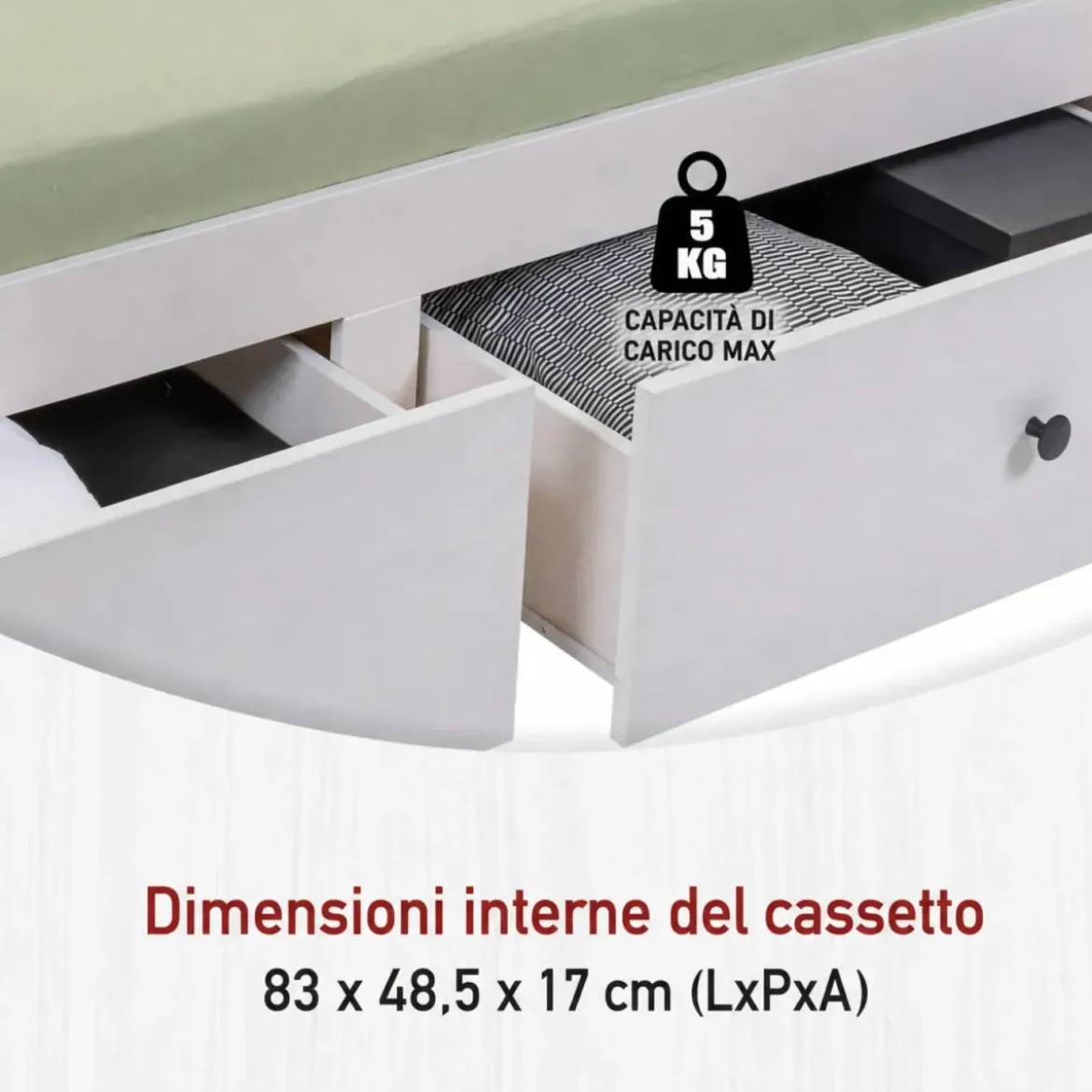 Divano Letto Singolo 90x200 cm in Legno Bianco con 2 Cassetti
