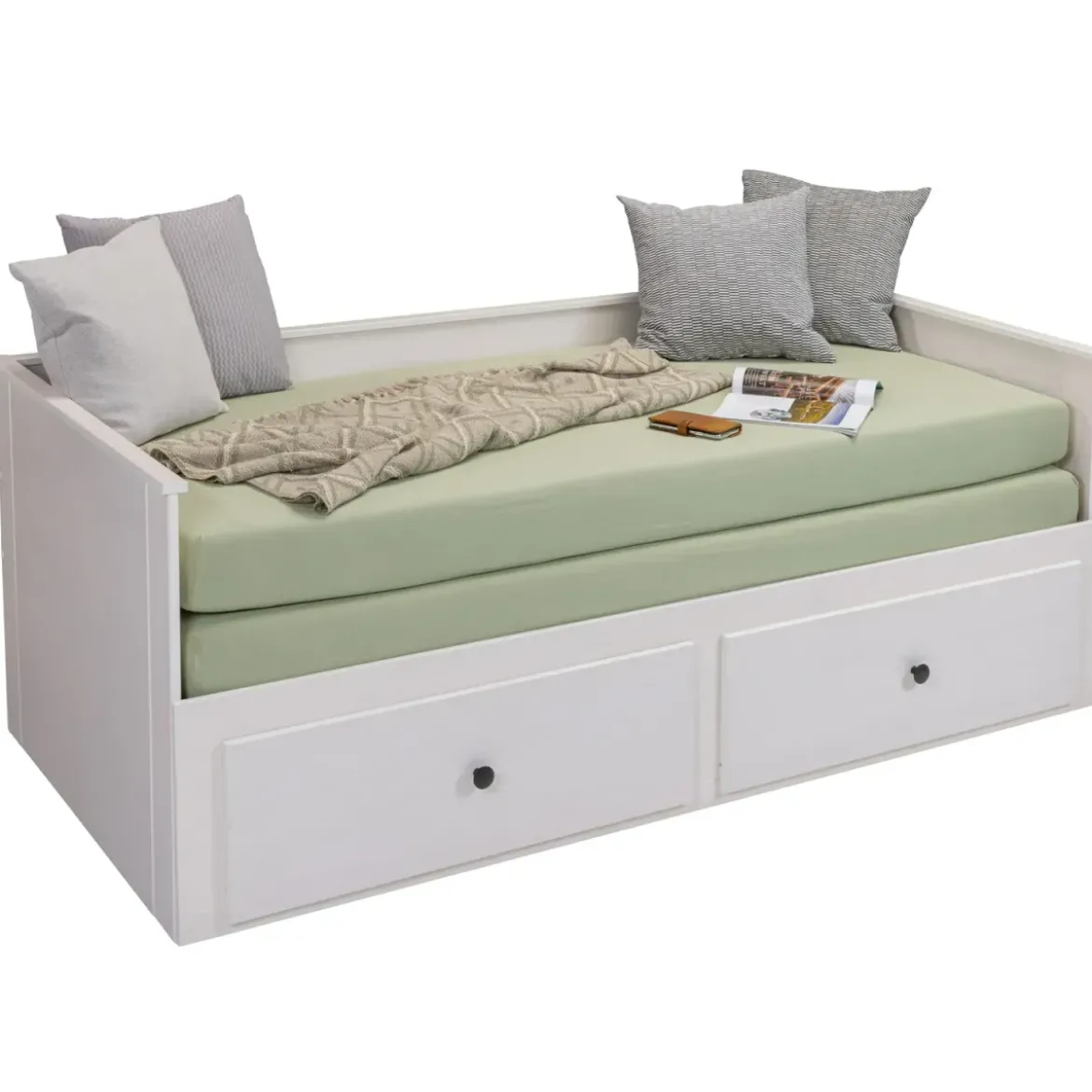 Divano Letto Singolo 90x200 cm in Legno Bianco con 2 Cassetti