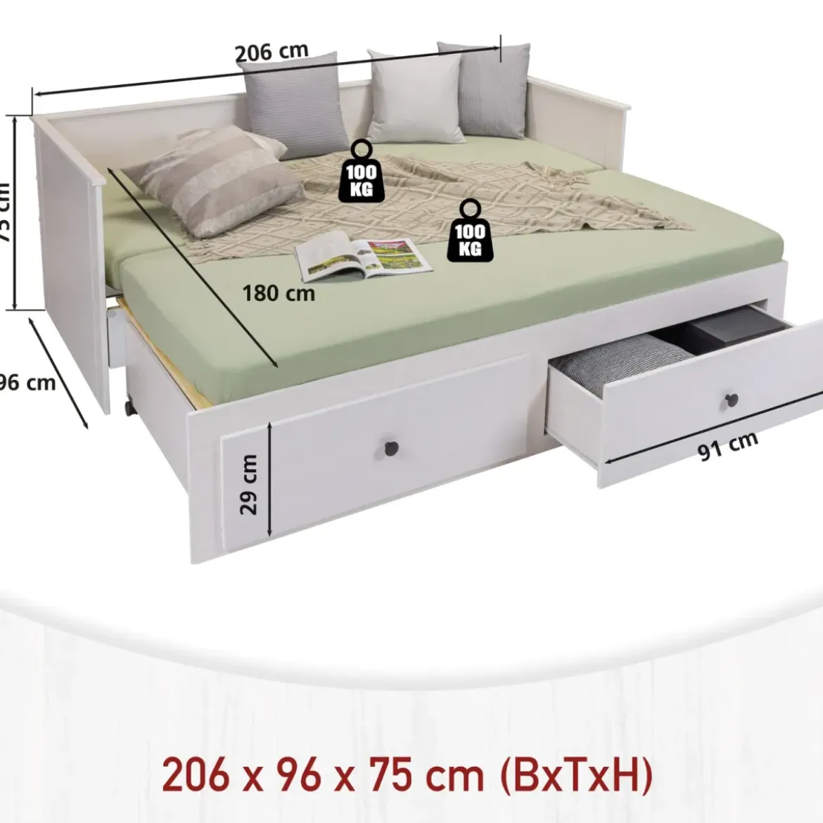 Divano Letto Singolo 90x200 cm in Legno Bianco con 2 Cassetti
