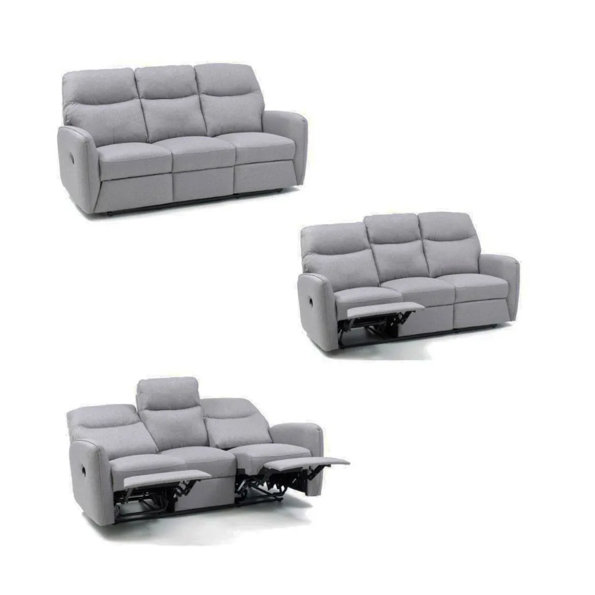 Divano 3 Posti Tessuto Grigio Imbottito Reclinabile Relax Salotto Sofa Moderno