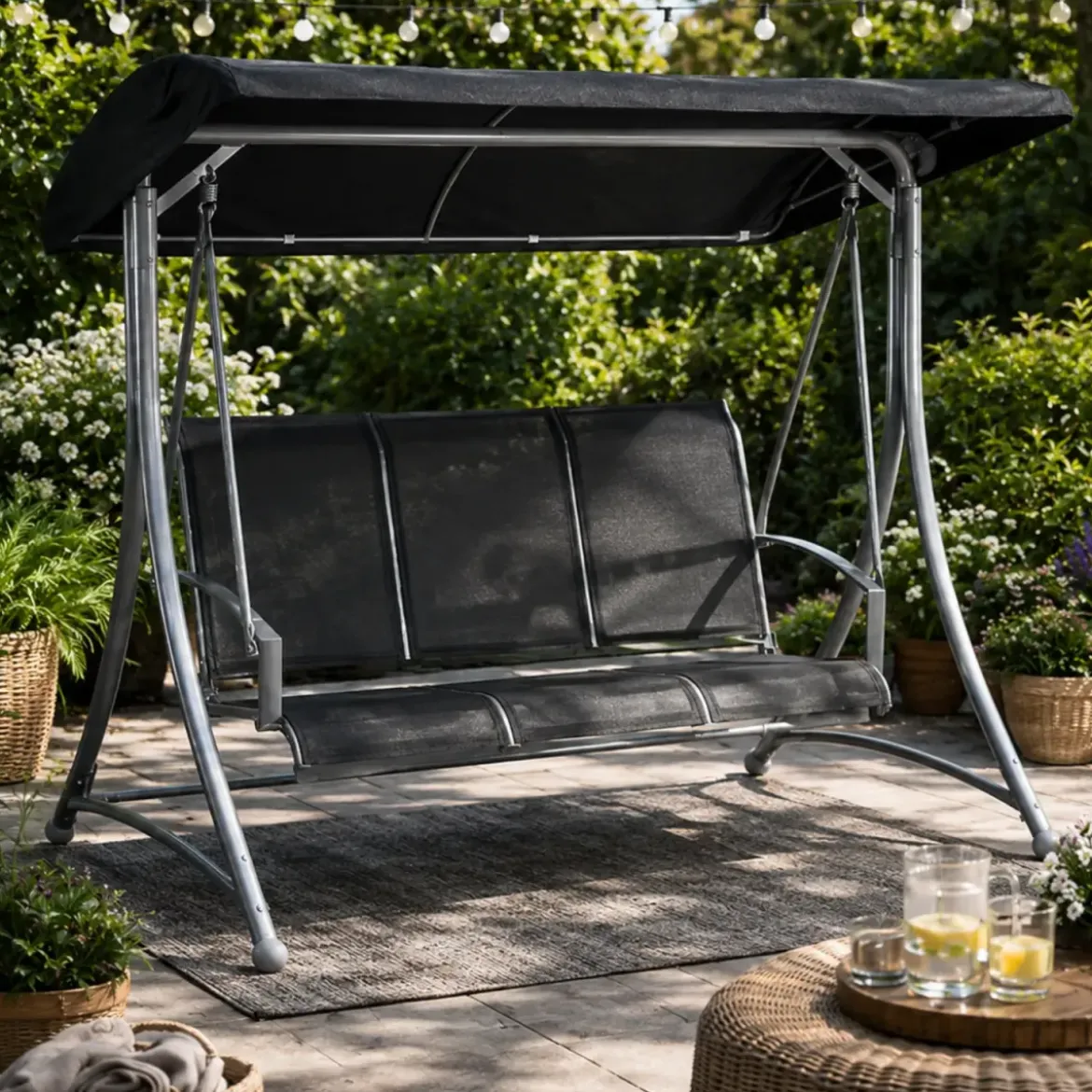 Dondolo 3 Posti Grigio 165x125x178cm con Copertura da Giardino