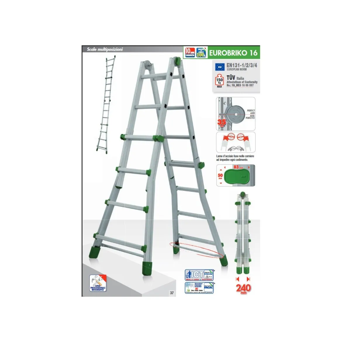 Facal Scala Telescopica 3 Gradini Metri Alluminio Multiuso Professionale Interno