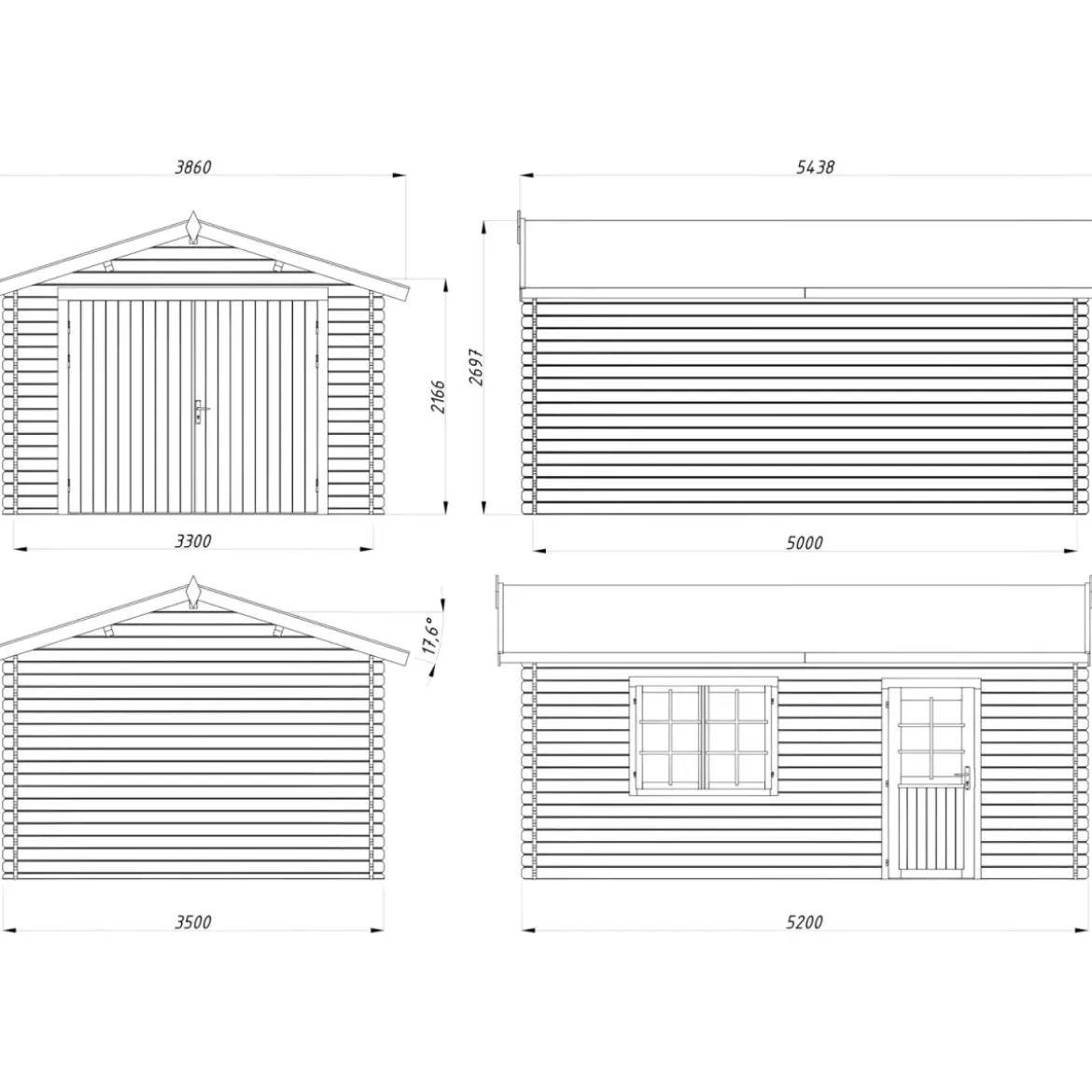 Garage in Legno 350x520 cm Blockhouse 34 mm Doppia Porta Finestra