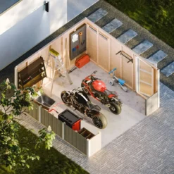 Garage in Legno 368x354 cm Rosso a Pannelli Box con Porta Elettrica