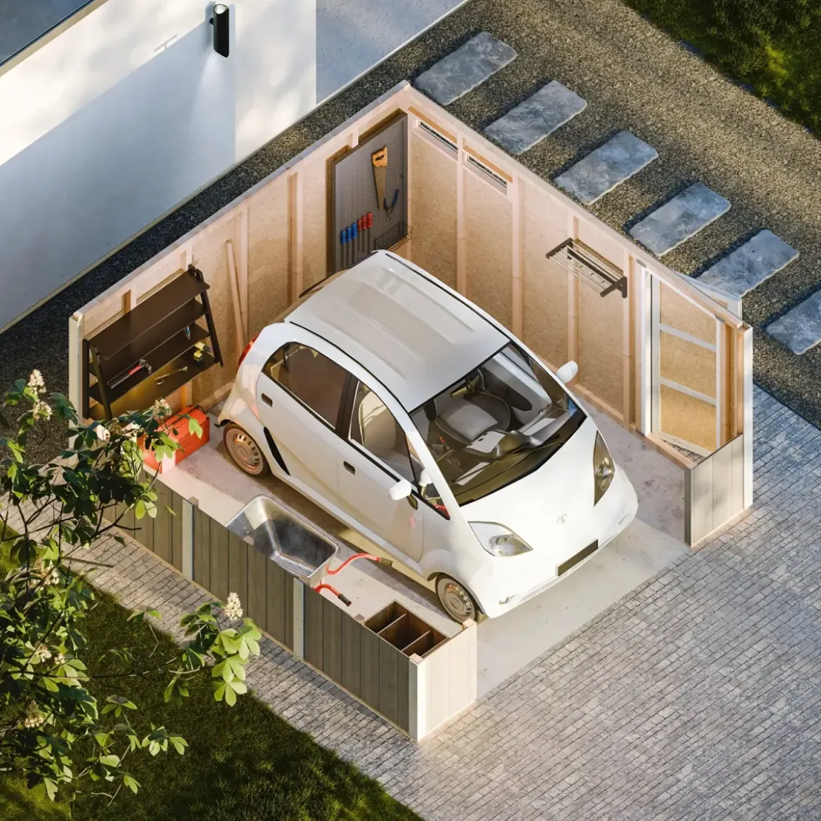 Garage in Legno 368x354 cm Rosso a Pannelli Box con Porta Elettrica
