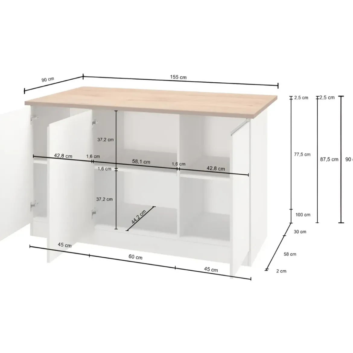 Isola Cucina 3 Ante Antracite Rovere 155x90x90 cm Legno Nobilitato