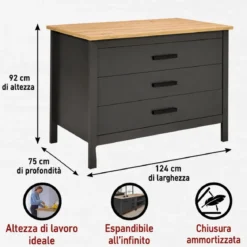 Isola da Cucina Antracite Rovere Tavolo Bar con 3 Cassetti Soft-Close