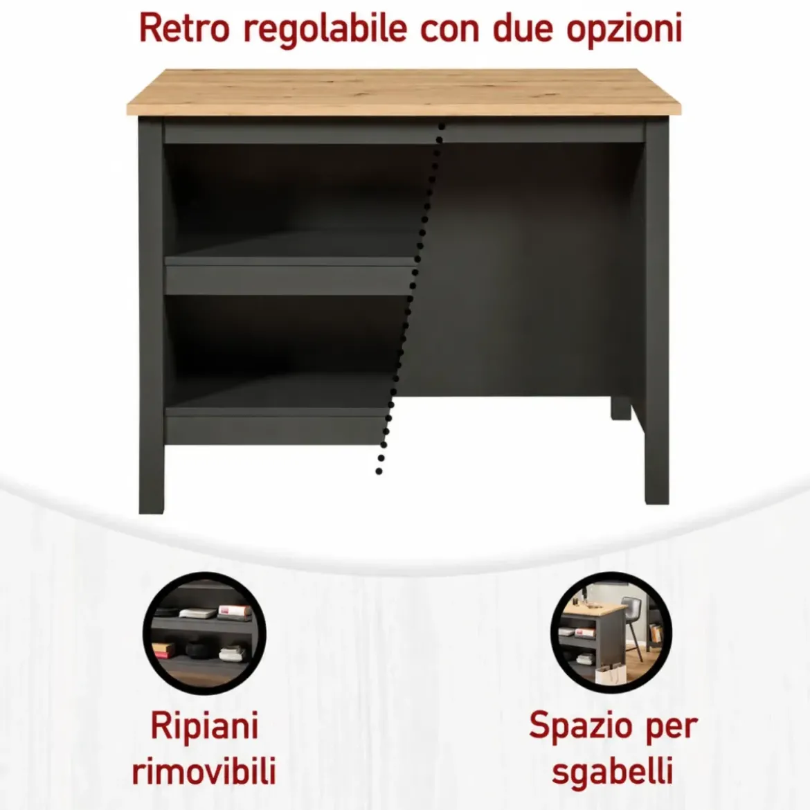 Isola da Cucina Antracite Rovere Tavolo Bar con 3 Cassetti Soft-Close