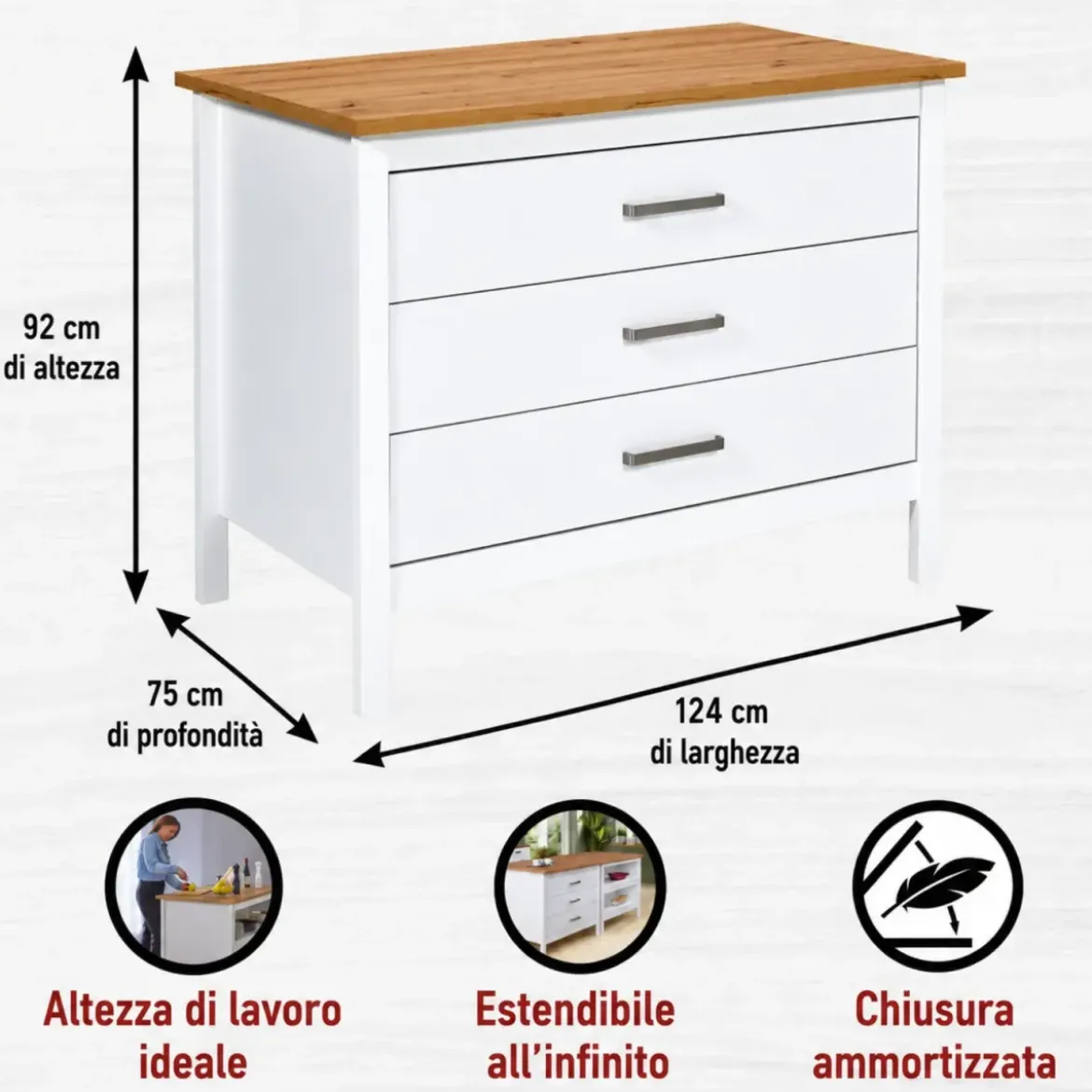 Isola da Cucina Bianco Rovere Tavolo Bar con 3 Cassetti Soft-Close