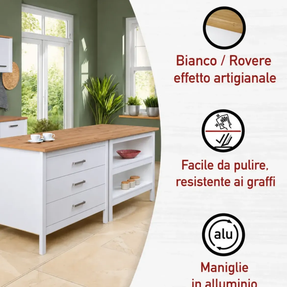 Isola da Cucina Bianco Rovere Tavolo Bar con 3 Cassetti Soft-Close