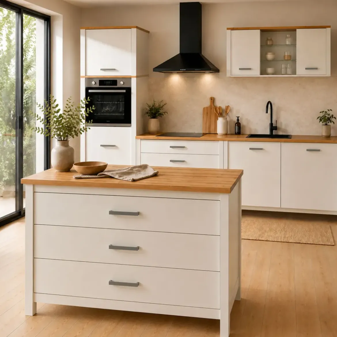 Isola da Cucina Bianco Rovere Tavolo Bar con 3 Cassetti Soft-Close