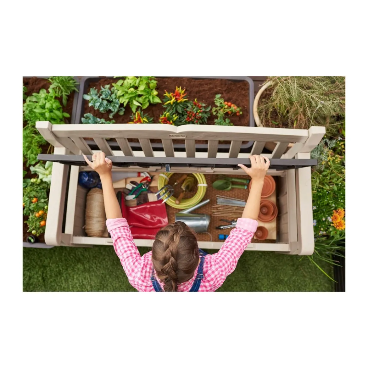 Keter Panchina Baule Effetto Legno Contenitore Apribile Esterno Beige Cassapanca