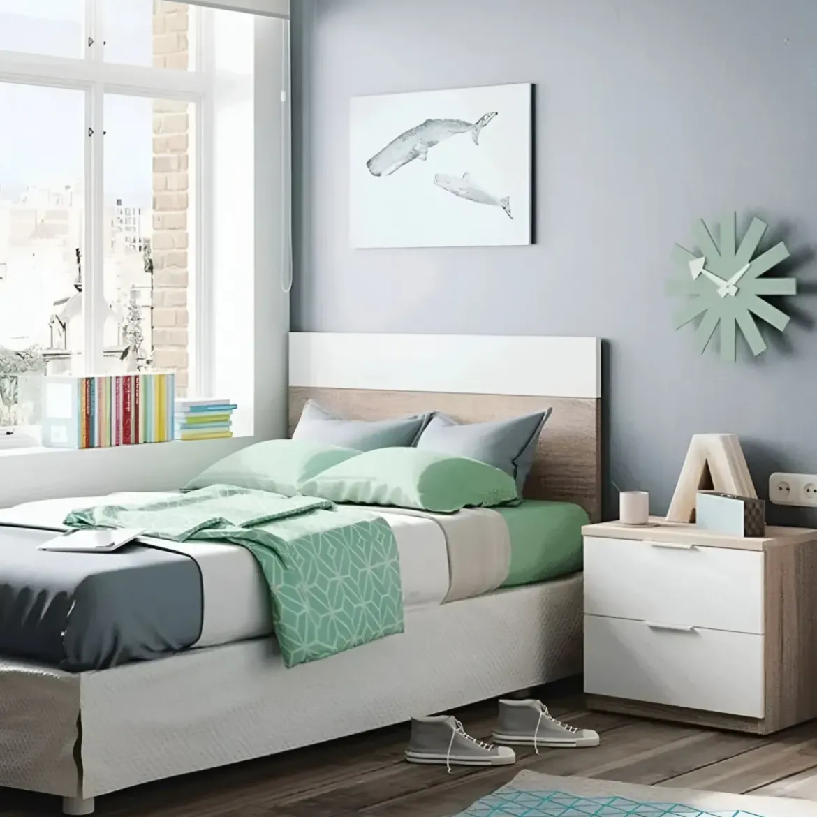 Kit Testiera Letto Singolo 90 cm con Comodino 2 Cassetti Rovere Bianco