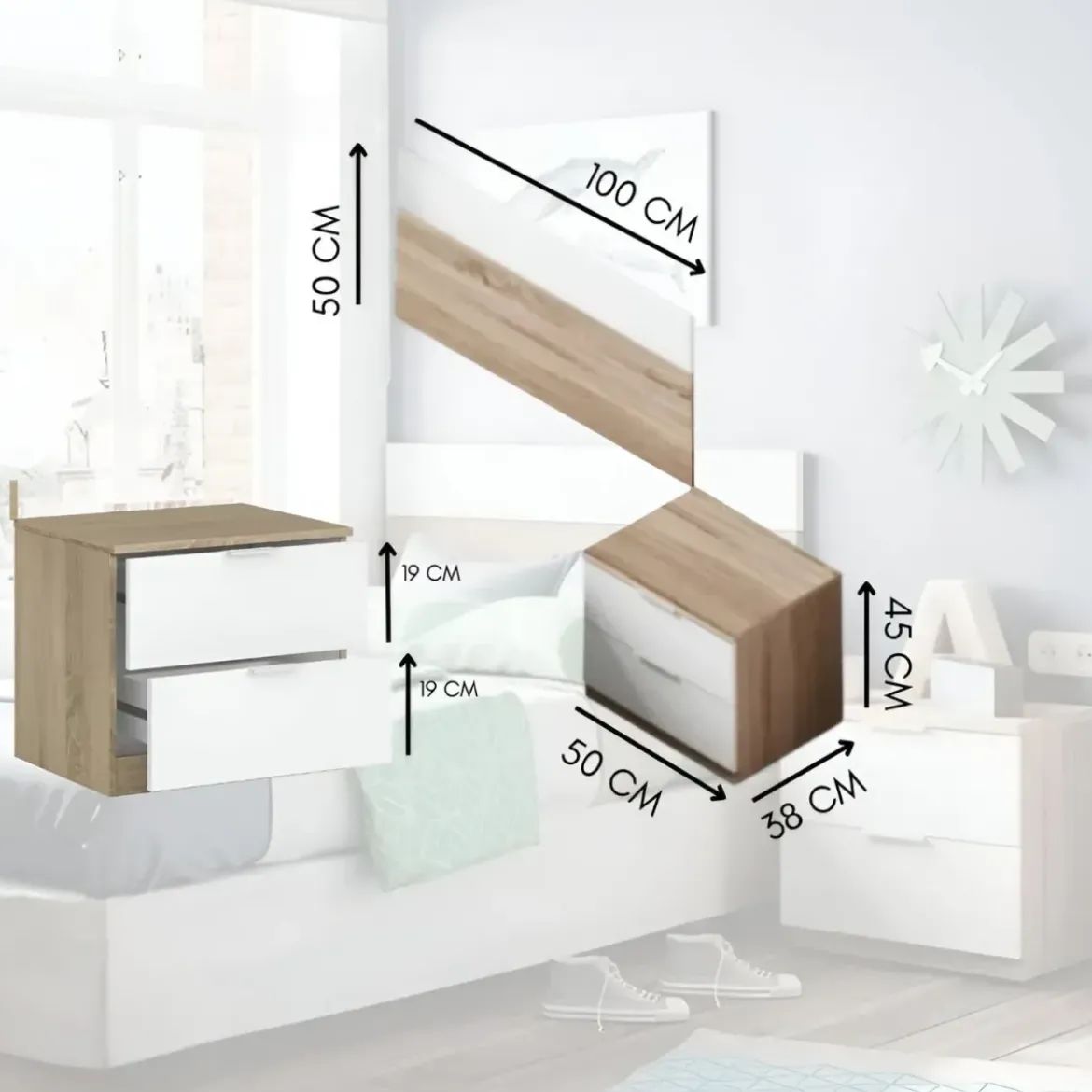 Kit Testiera Letto Singolo 90 cm con Comodino 2 Cassetti Rovere Bianco