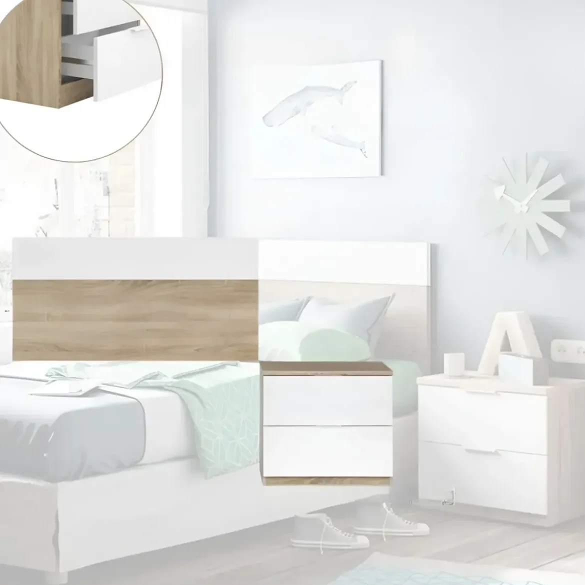 Kit Testiera Letto Singolo 90 cm con Comodino 2 Cassetti Rovere Bianco