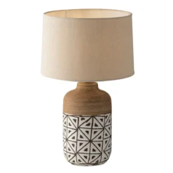Lampada da Tavolo Etnica in Ceramica con Paralume in Tessuto Bianco