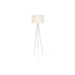 Lampada da Terra E27 Treppiede in Legno Bianco Paralume in Tessuto Interruttore
