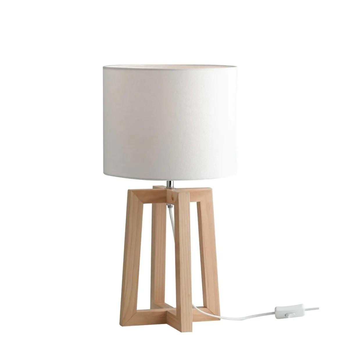 Lampada in Legno Lumetto da Tavolo con Paralume in Tessuto Bianco