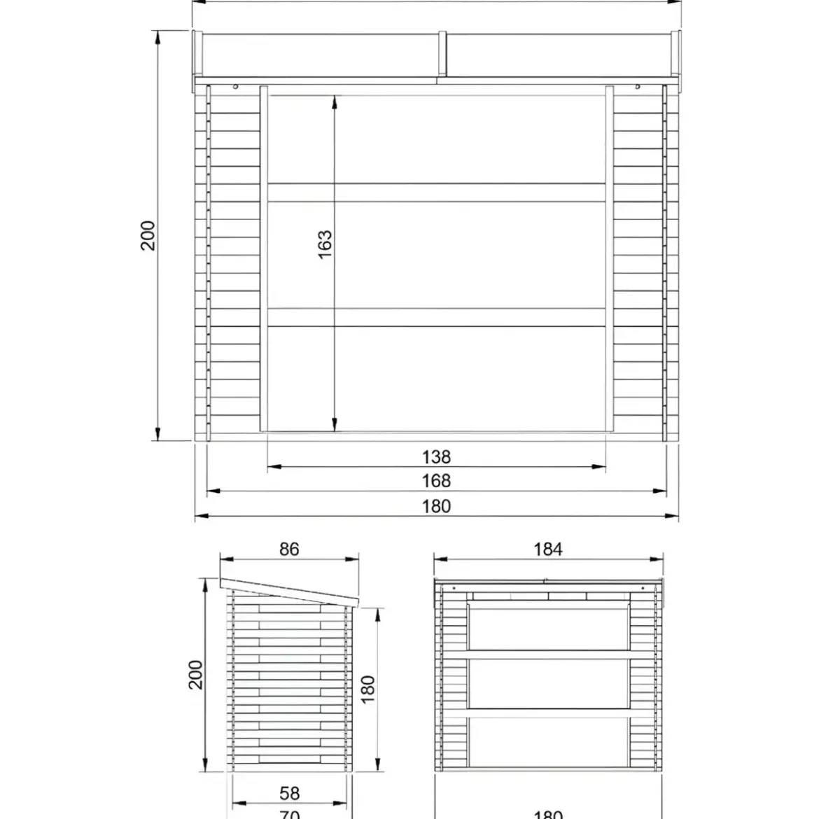 Legnaia da Esterno in Legno Grezzo 168x70x200 cm Tetto Impermeabile