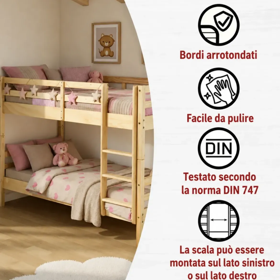 Letto a Castello 90x200 cm Legno Massello Naturale con 2 Reti Singole