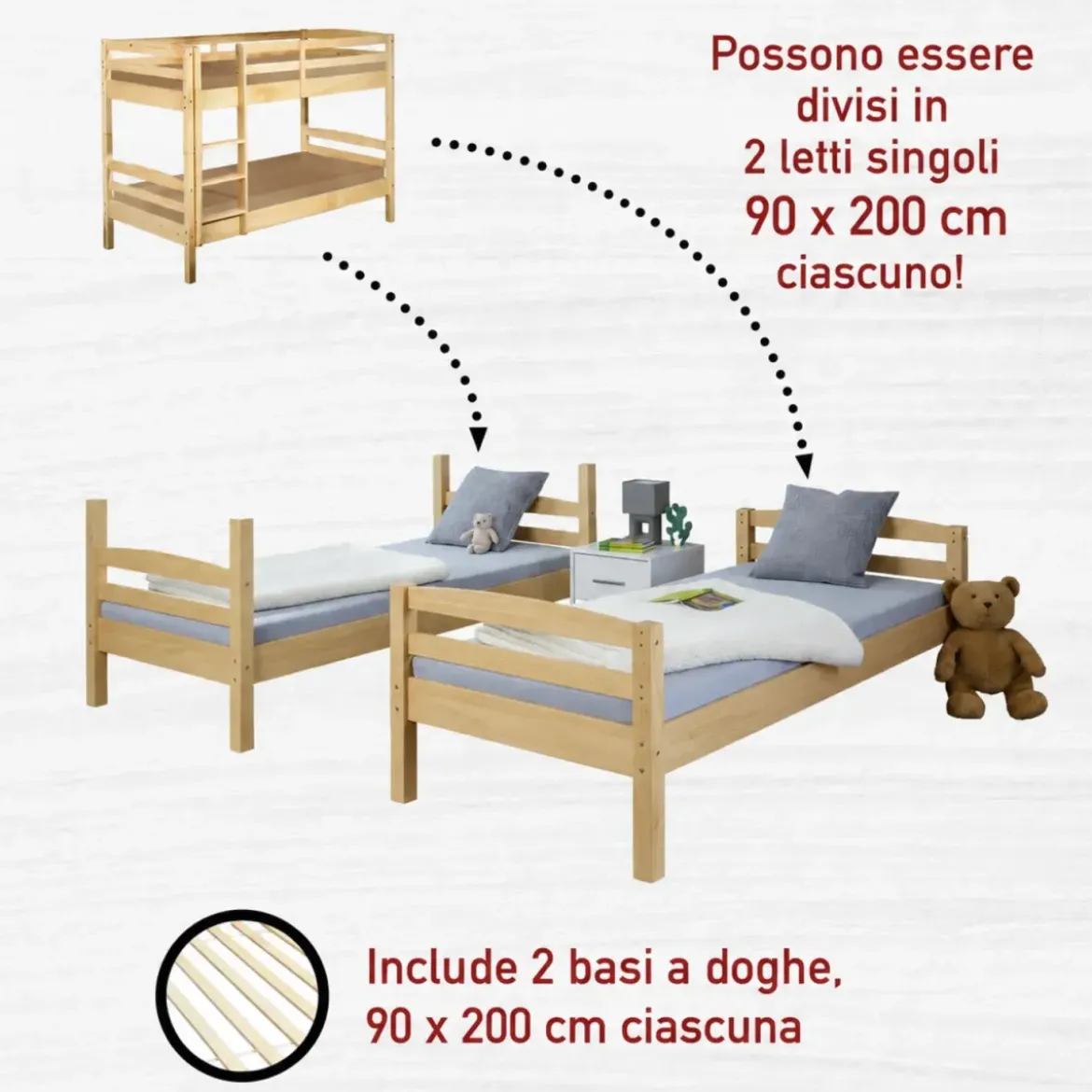 Letto a Castello 90x200 cm Legno Massello Naturale con 2 Reti Singole