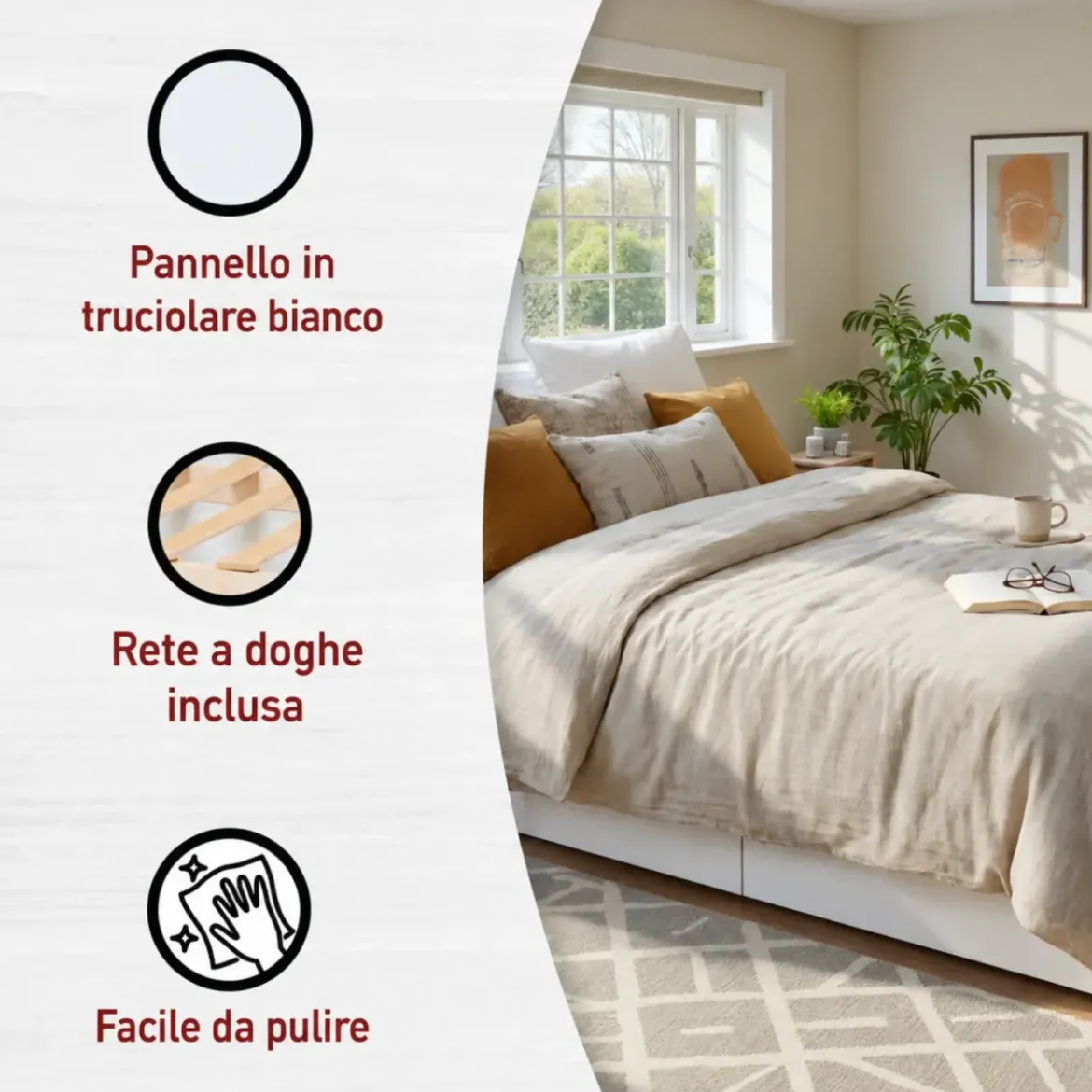 Letto alla Francese 140x200 cm Bianco con 4 Cassetti Rete a Doghe