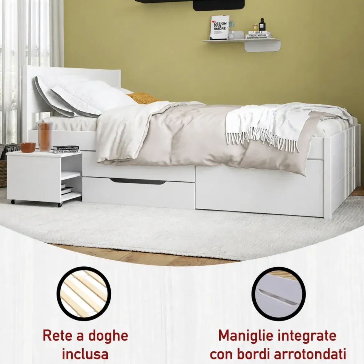 Letto alla Francese 140x200 cm in Legno Bianco con Cassetti Comodino
