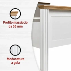 Letto alla Francese 140x200 cm Pino Massello Bianco Rovere con Testiera