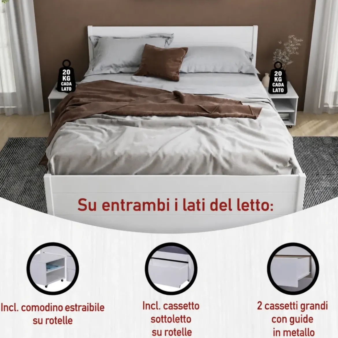 Letto Matrimoniale 180x200 cm in Pino Bianco con Cassetti Comodini