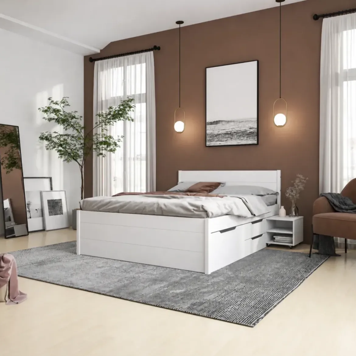 Letto Matrimoniale 180x200 cm in Pino Bianco con Cassetti Comodini