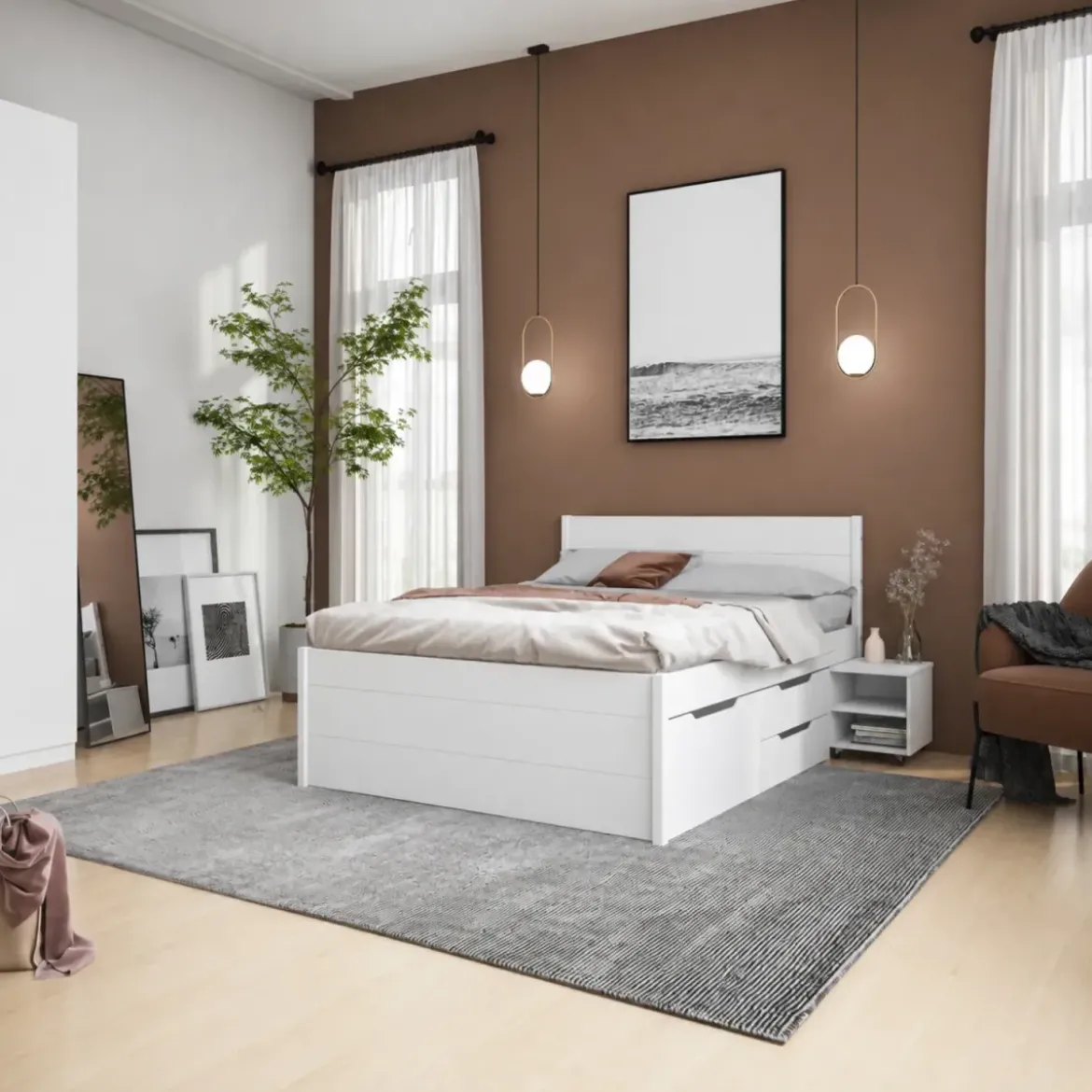 Letto Matrimoniale 160x200 cm Legno Bianco con Rete Cassetti Comodini