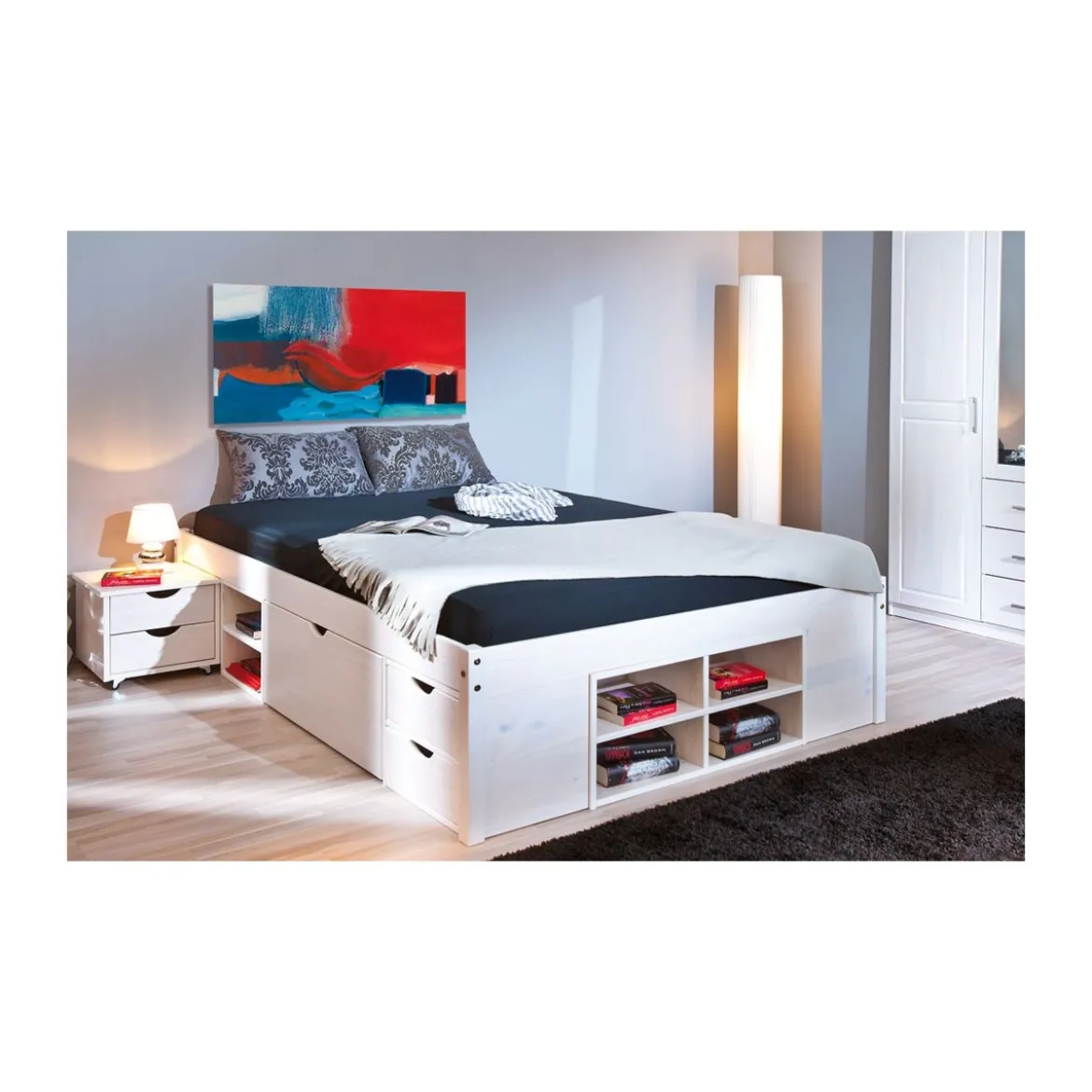 Letto Matrimoniale 180x200 King Size Bianco Rete a Doghe con Cassetti In Legno