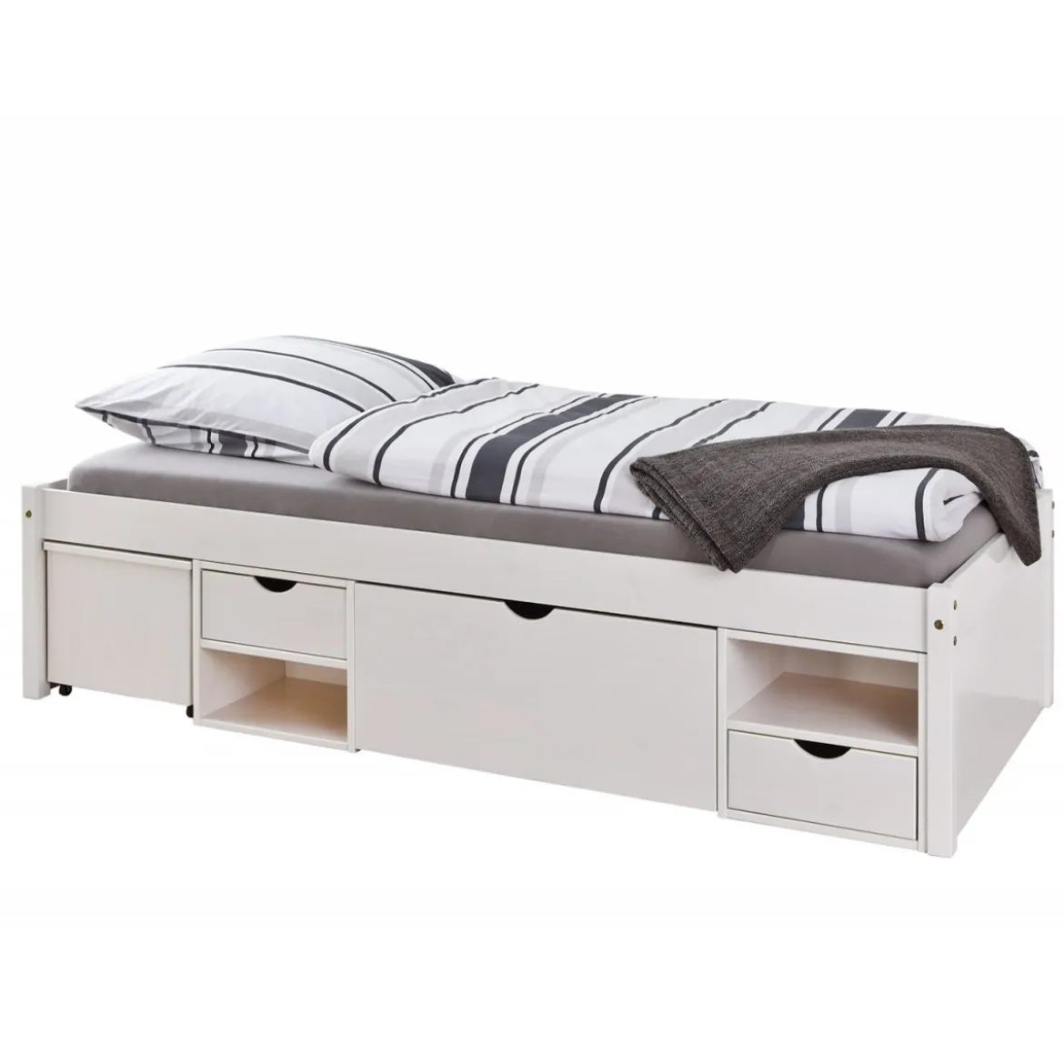 Letto Singolo Bianco 90x200 con Cassetti Comodino a Doghe in Legno