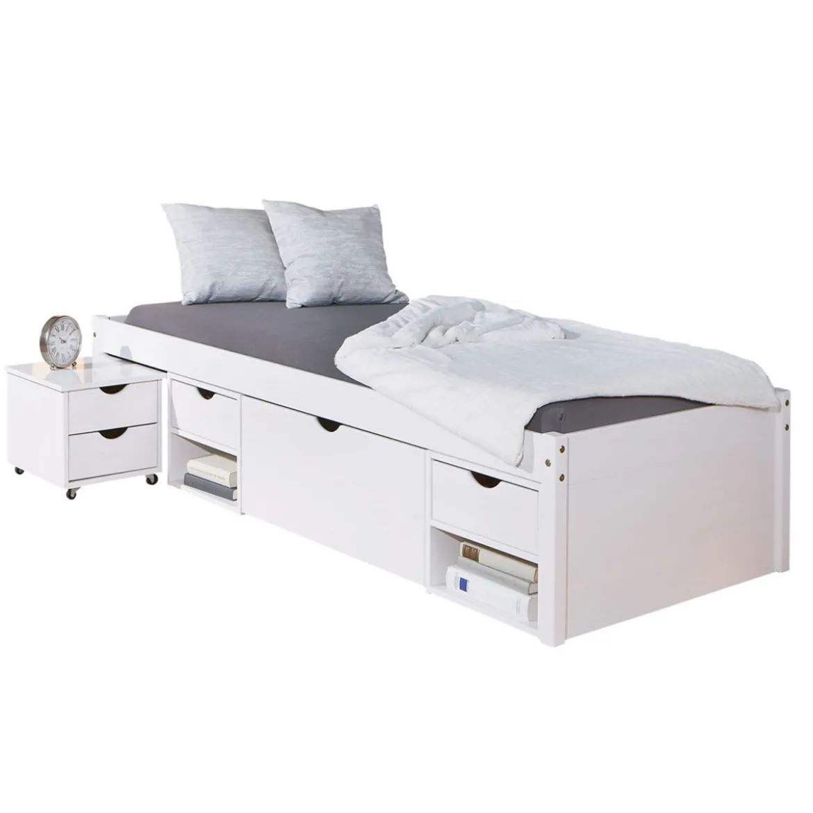 Letto Singolo Bianco 90x200 con Cassetti Comodino a Doghe in Legno