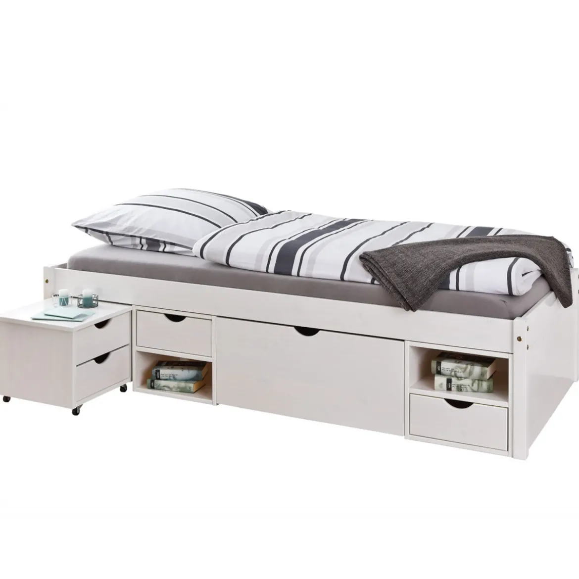 Letto Singolo Bianco 90x200 con Cassetti Comodino a Doghe in Legno