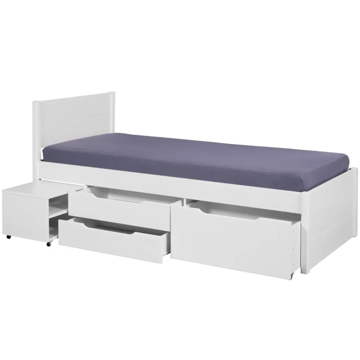 Letto Singolo 90x200 cm in Legno Bianco Cassetti Comodino Estraibili