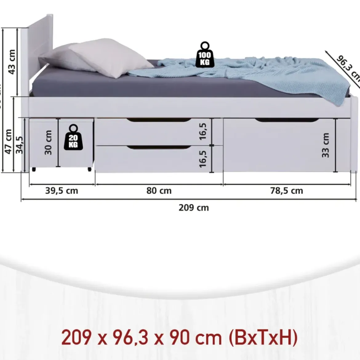 Letto Singolo 90x200 cm in Legno Bianco Cassetti Comodino Estraibili