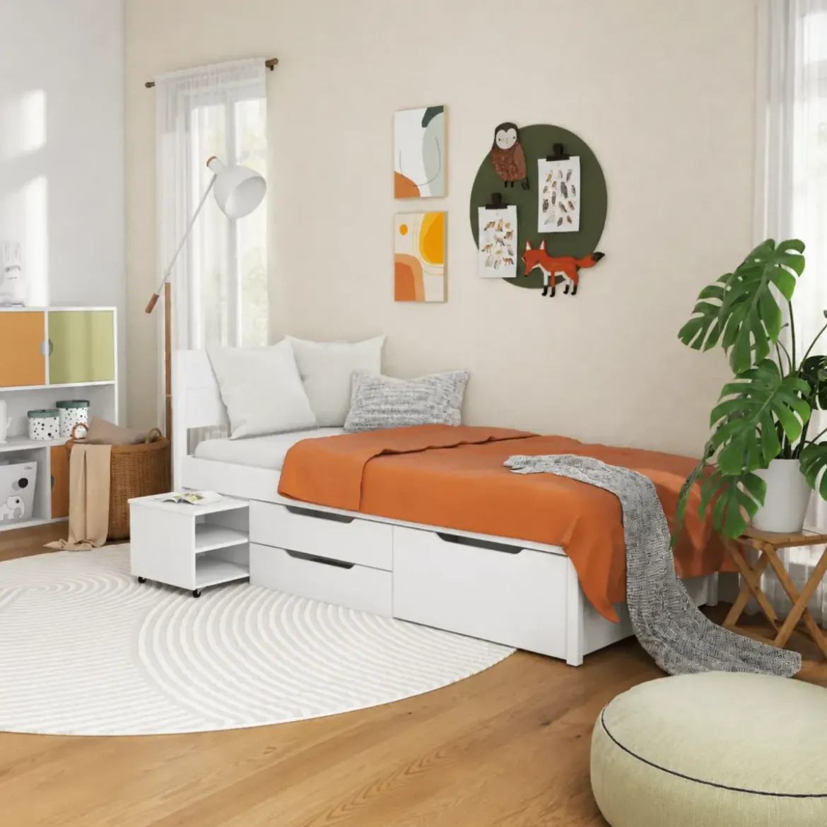 Letto Singolo 90x200 cm in Legno Bianco Cassetti Comodino Estraibili