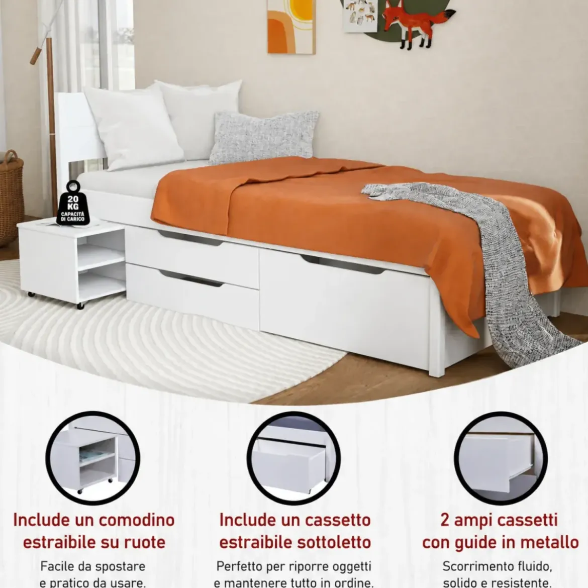 Letto Singolo 90x200 cm in Legno Bianco Cassetti Comodino Estraibili