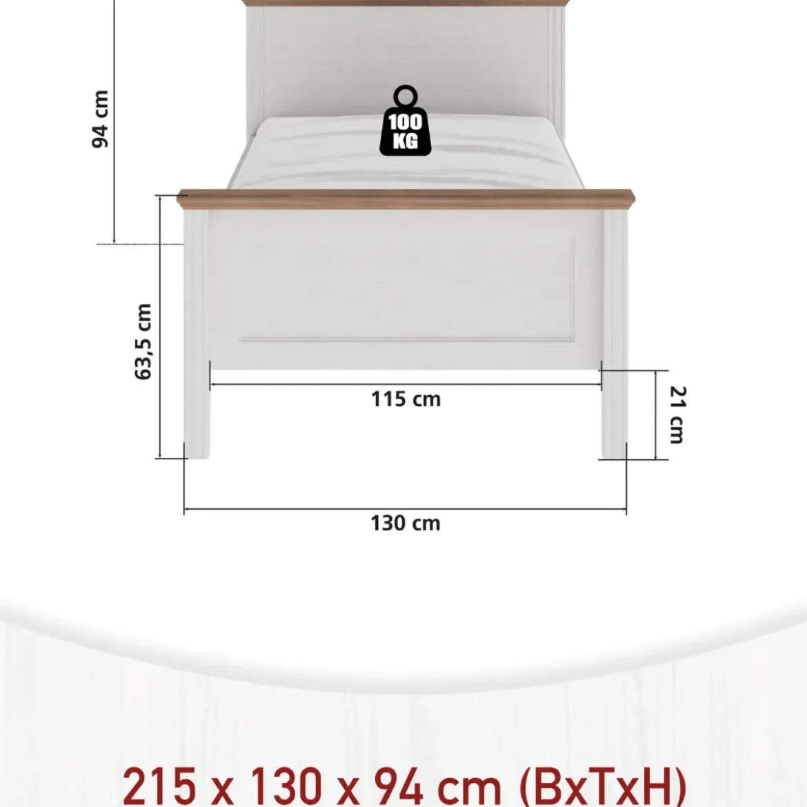 Letto Una Piazza e Mezza 120x200 cm in Pino Massello Bianco Rovere