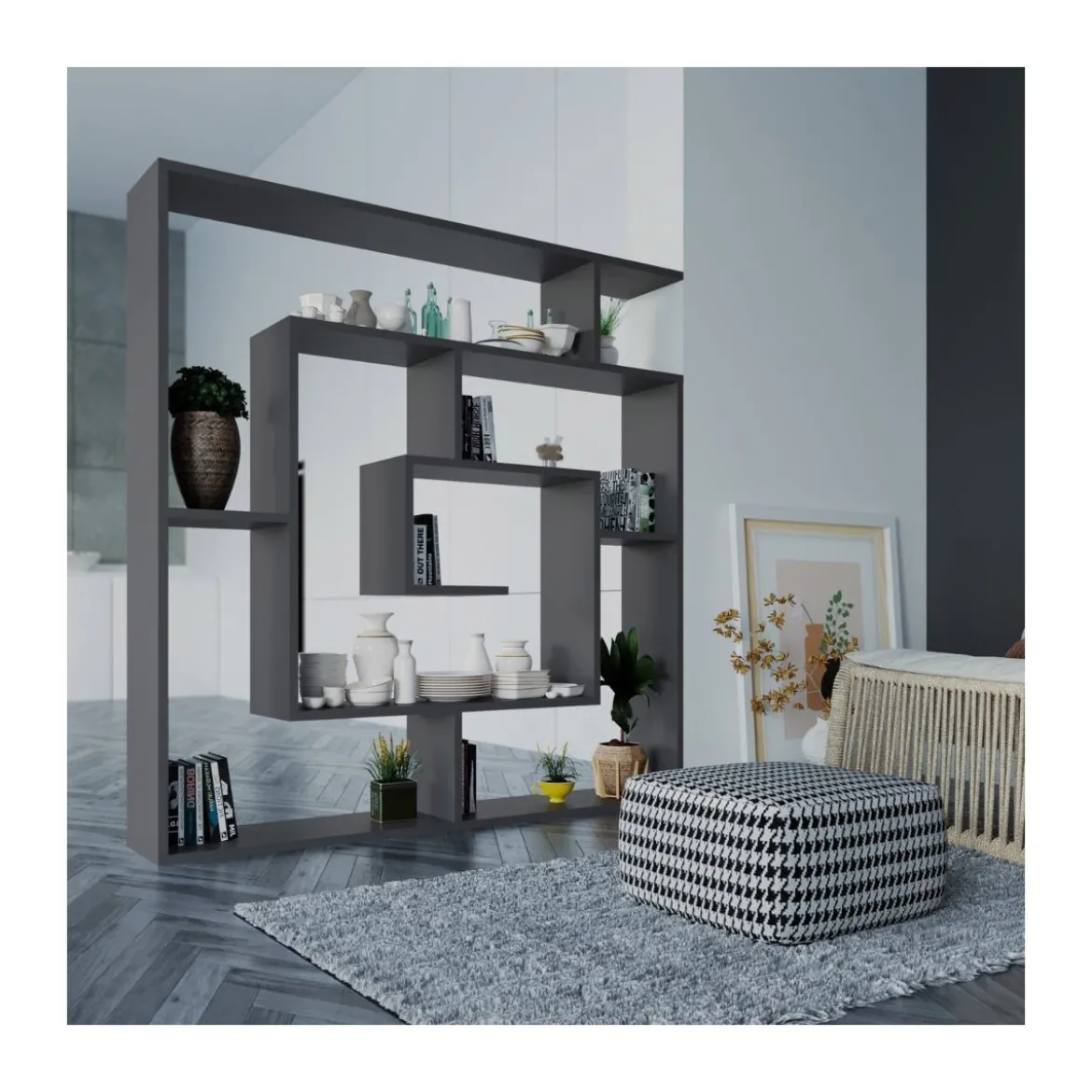 Libreria Antracite Labirinto Moderna Mobile in Legno 5 Ripiani