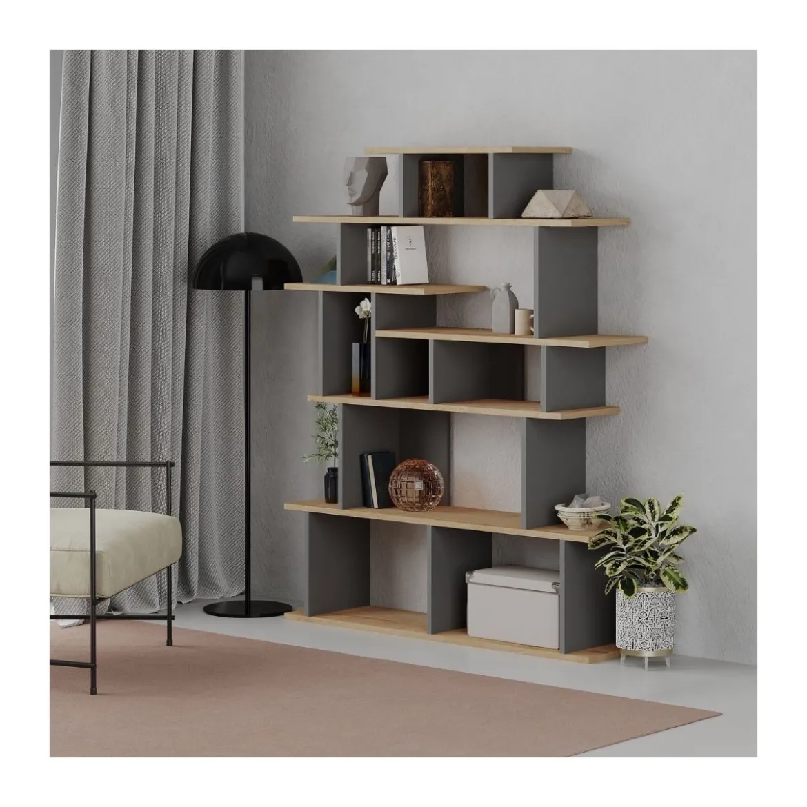 Libreria Design in Legno Rovere e Antracite per Salotto Ingresso Camera Ufficio