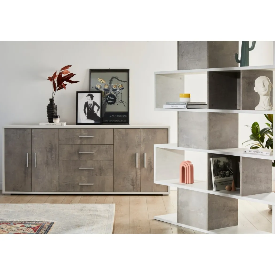 Libreria Modulare Geometrica Bianco in Legno Moderna Scaffale a Giorno