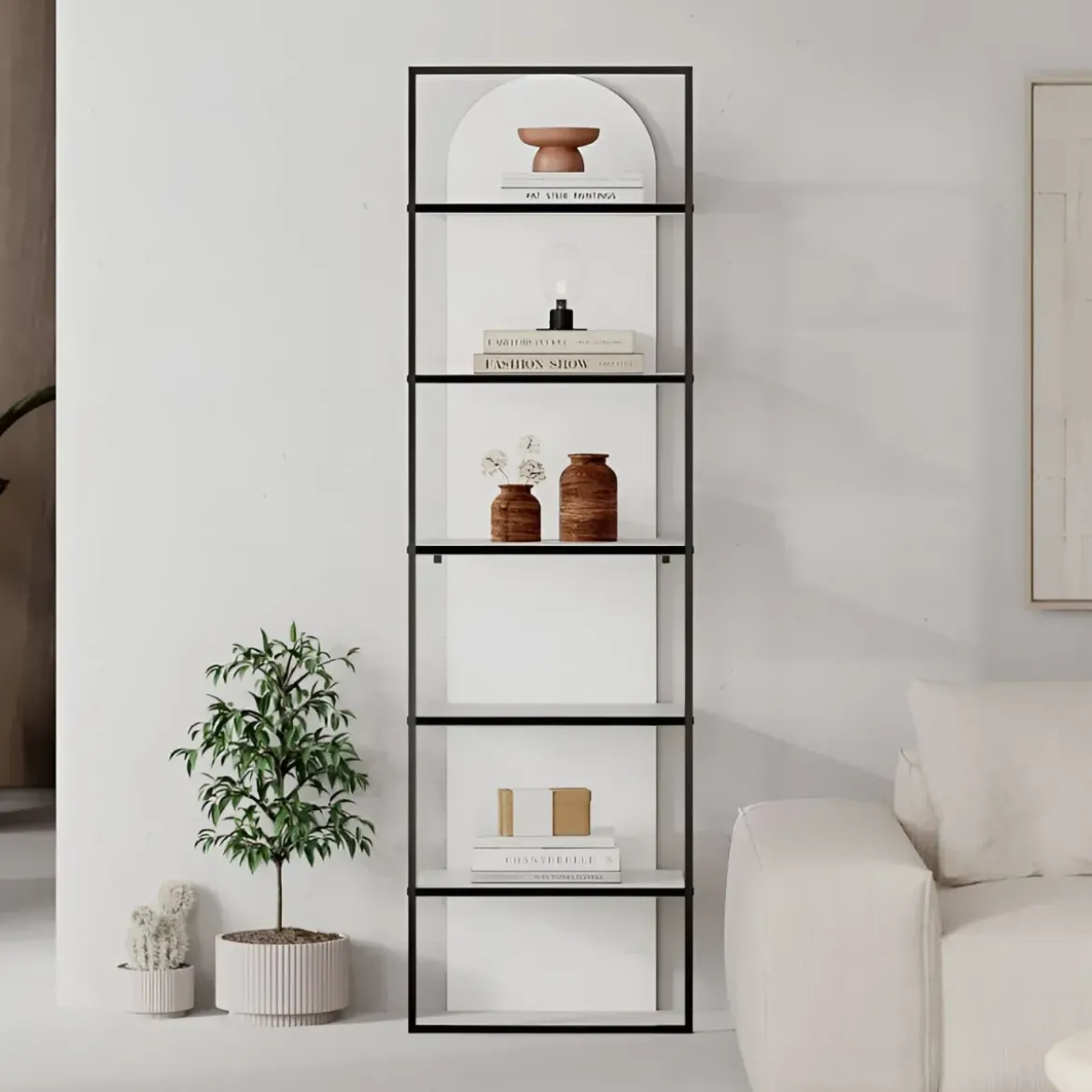 Libreria 5 Ripiani Moderna da Ingresso Soggiorno Bianco Struttura Metallo