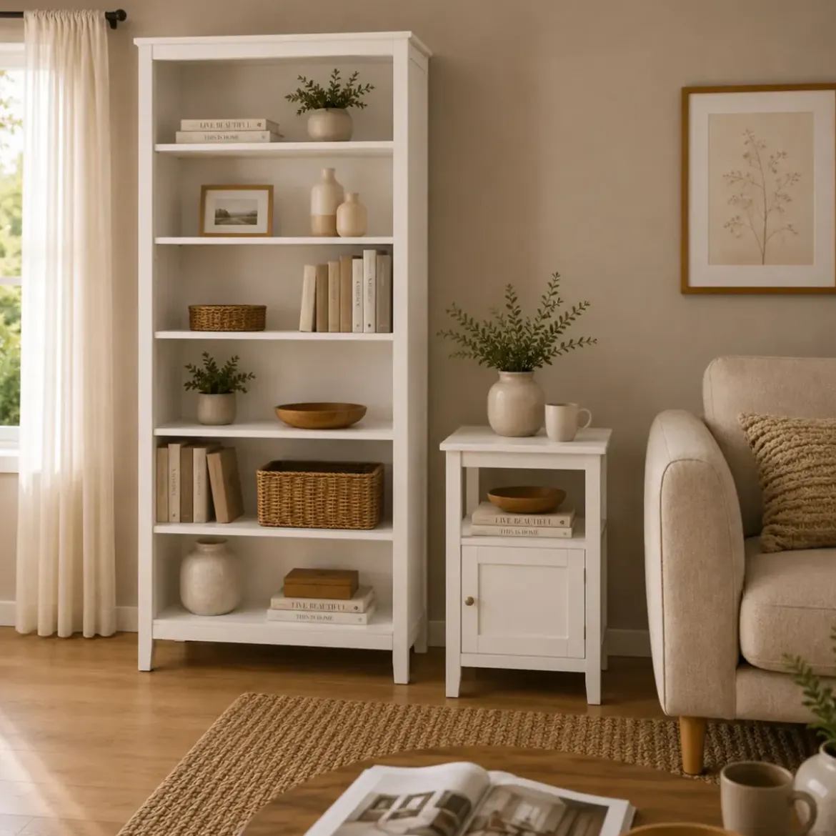 Libreria Soggiorno Camera Mobile 82 cm in Legno MDF Bianco 6 Ripiani