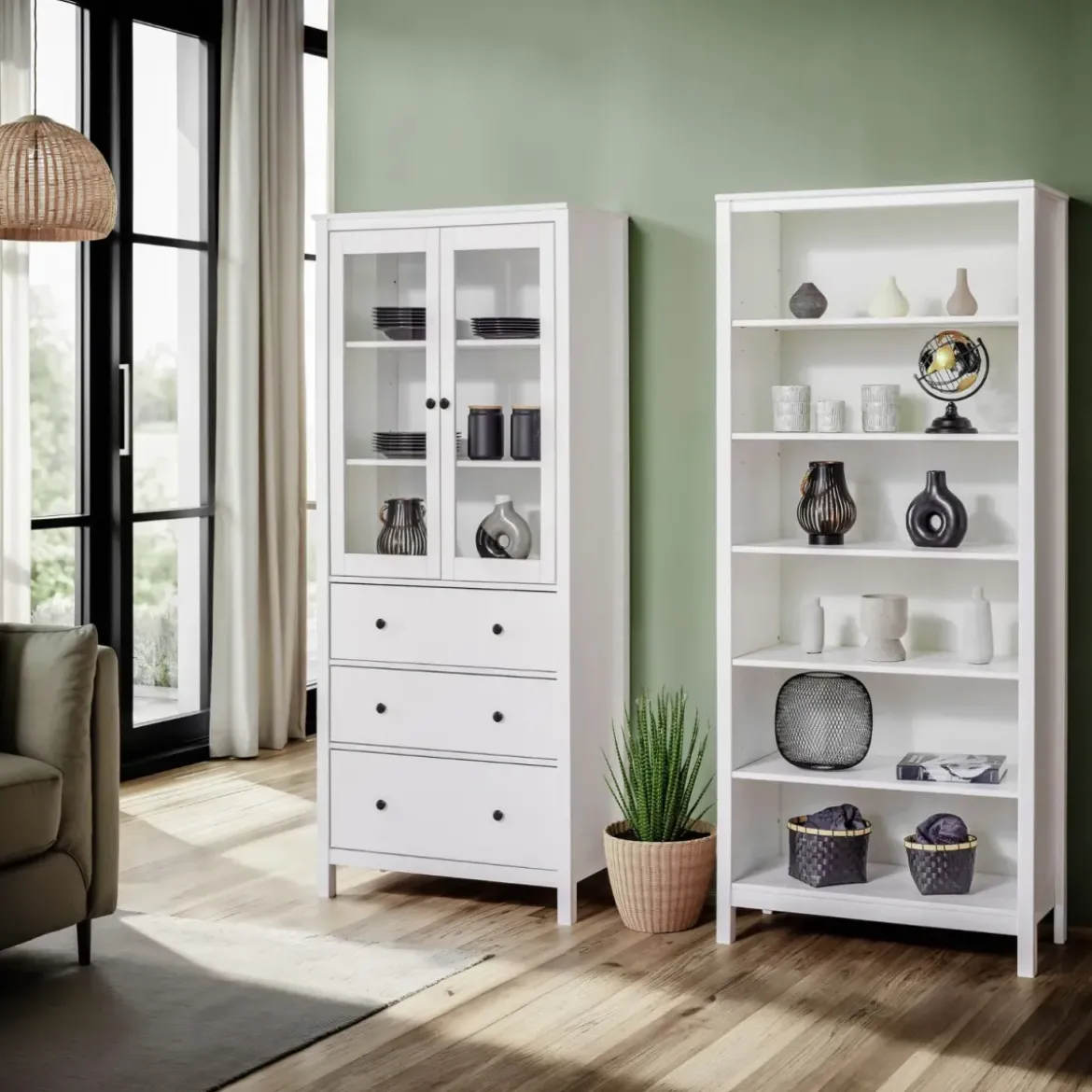 Libreria Soggiorno Camera Mobile 82 cm in Legno MDF Bianco 6 Ripiani